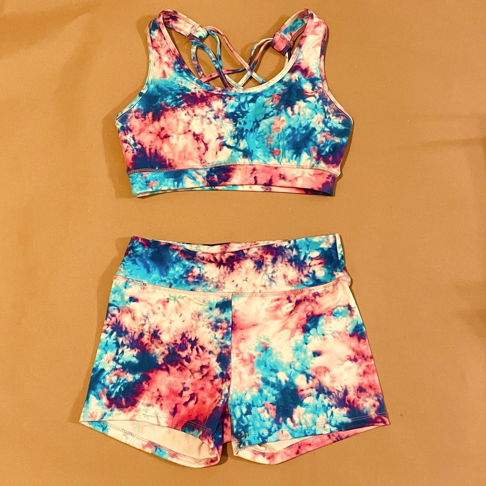 ShoSho Pink Blue Tie Dye Sports Bra and Shorts